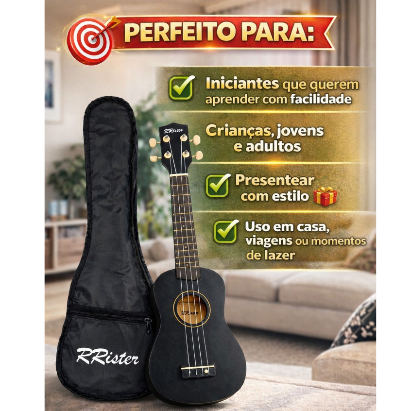 Ukulele Acústico Soprano RRister Profissional com Capa