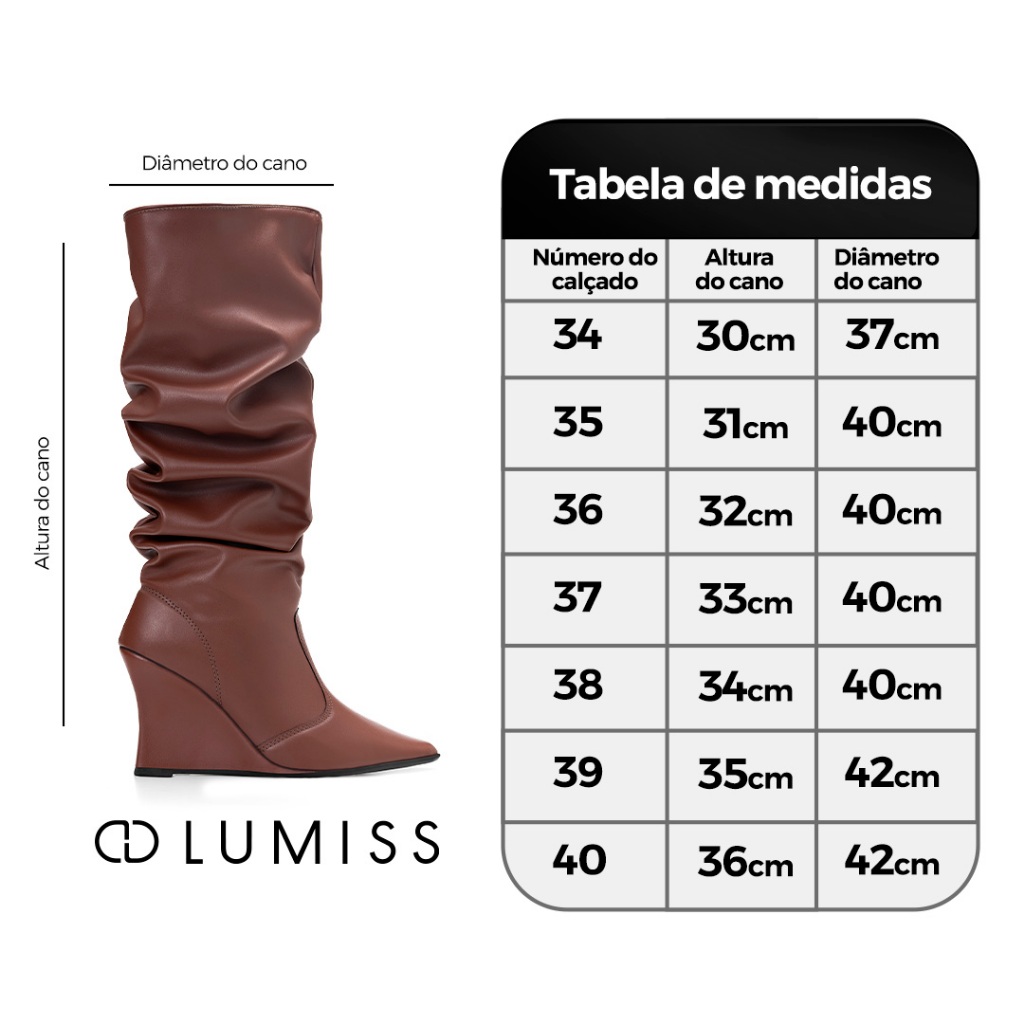 Bota Feminina Lumiss Slouchy Enrugada Cano Longo Salto Anabela Bico Fino Preto