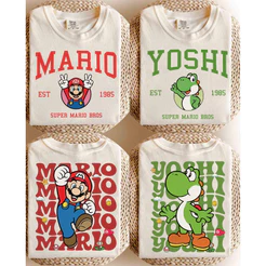 Camiseta Estilo College Personagens Super Mario Bros 100% Algodão Adulto e Infantil Unissex