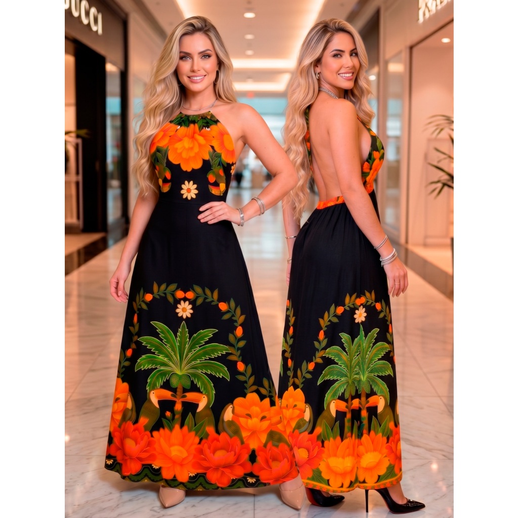 Vestido Longo Feminino Floral Tropical Tucano | Costas Nuas Amarração | Estampado Elegante Casual