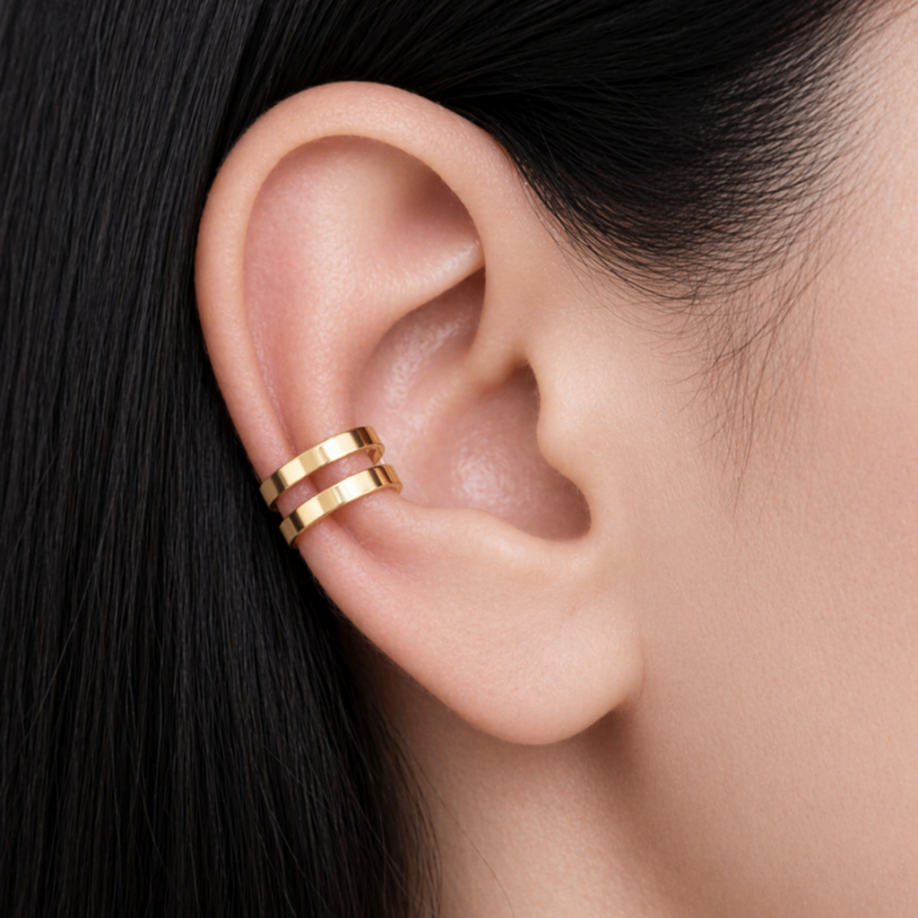 Piercing Fake 2 Fios Ouro 18K Paládio Sem Furo Feminino Pressão Ajustável Ear Cuff Delicado