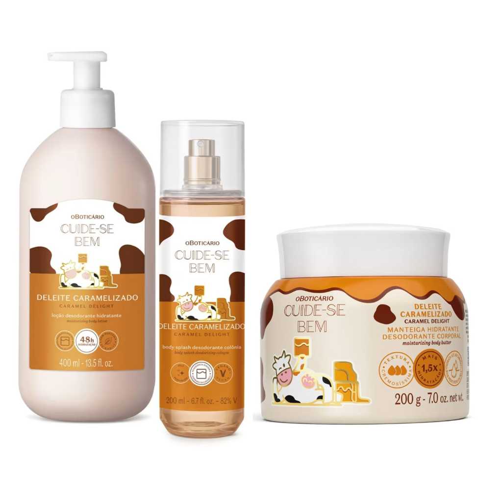 LANÇAMENTO Combo Cuide-se Bem Deleite Caramelizado: Body Splash 200ml/Manteiga Hidratante 200g/Loção Corporal 400ml