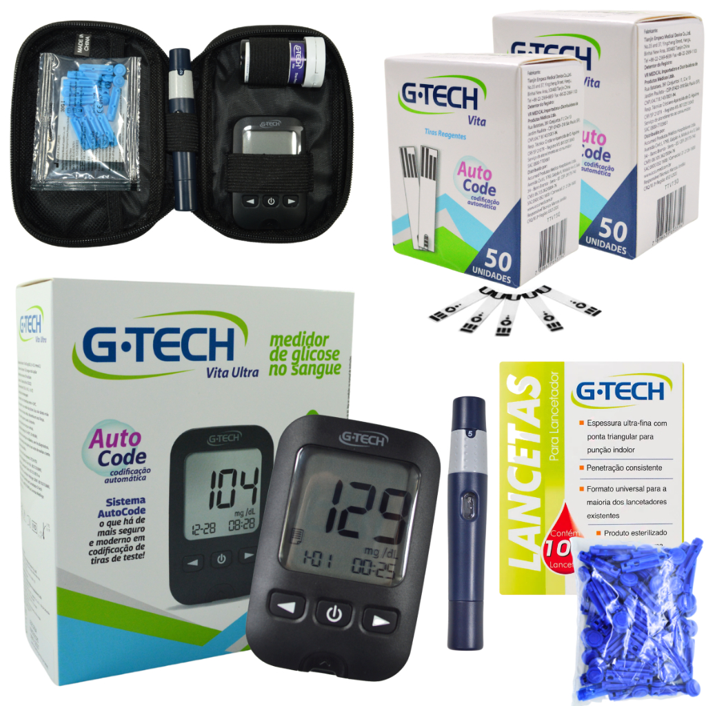 Kit Medidor Monitor Glicose Gtech 100 Tiras Fitas Reagentes  + 150 Lancetas  Medir Glicemia
