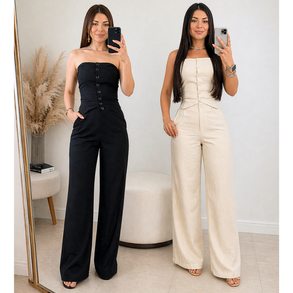 Conjunto Alfaiataria Cropped Tomara que Caia Social  Feminino Calça Pantalona Blusa Elástico Lastex Botão Moda Mulher