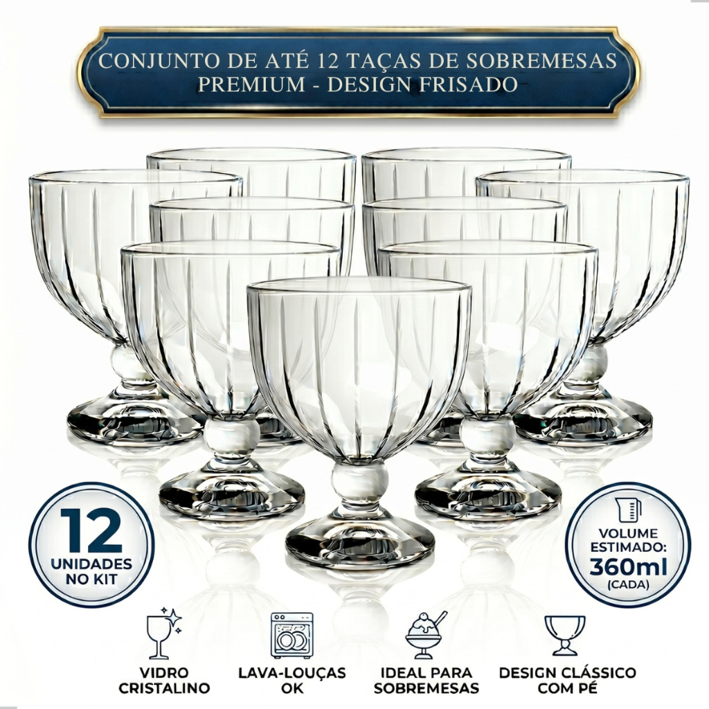 Taça de Sobremesa Vidro 360ml Diamond Premium - Kit 4/8/12 Peças Sorvete Doces Mesa Posta Resistente