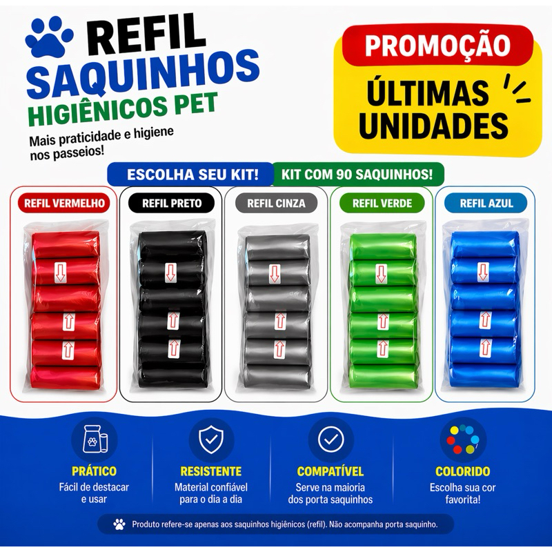 90 Saquinhos Higiênicos Pet Refil Rolo Coletor Fezes Cachorro Porta Saquinho Promoção