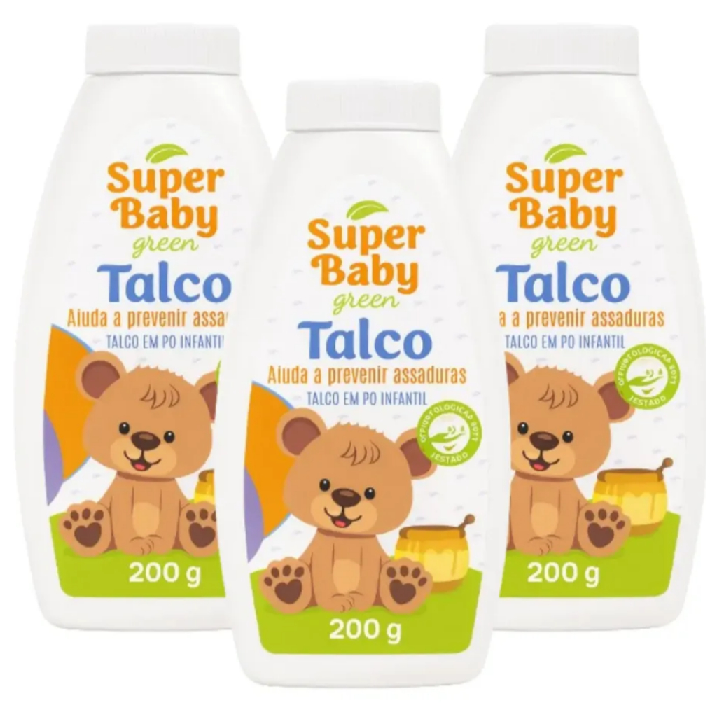 KIT  3 Talco em Pó  Infantil Super Baby Green - Ajuda a Prevenir Assaduras - 200g Cada