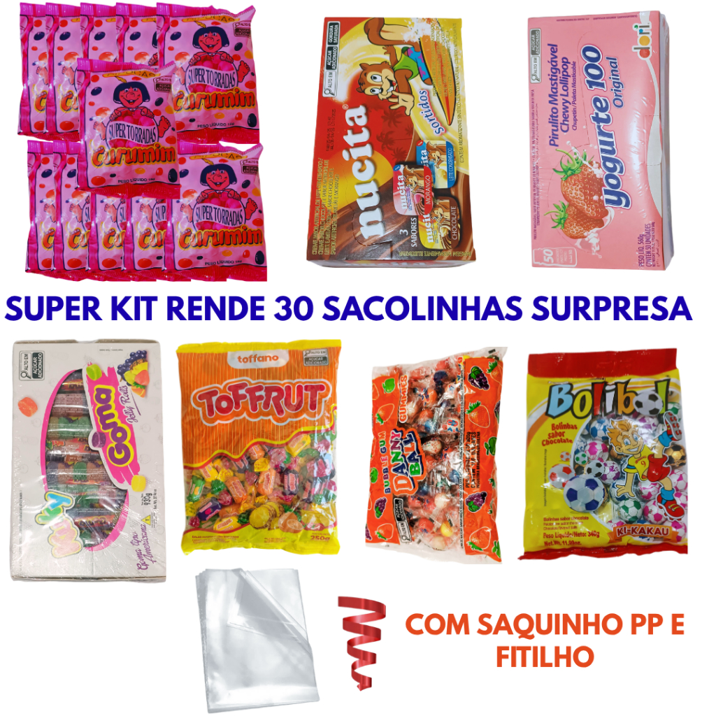 Kit 30 Sacolinhas Surpresa Guloseimas Festa Aniversario  Bala Pipoca Pirulito Chiclete Chocolate