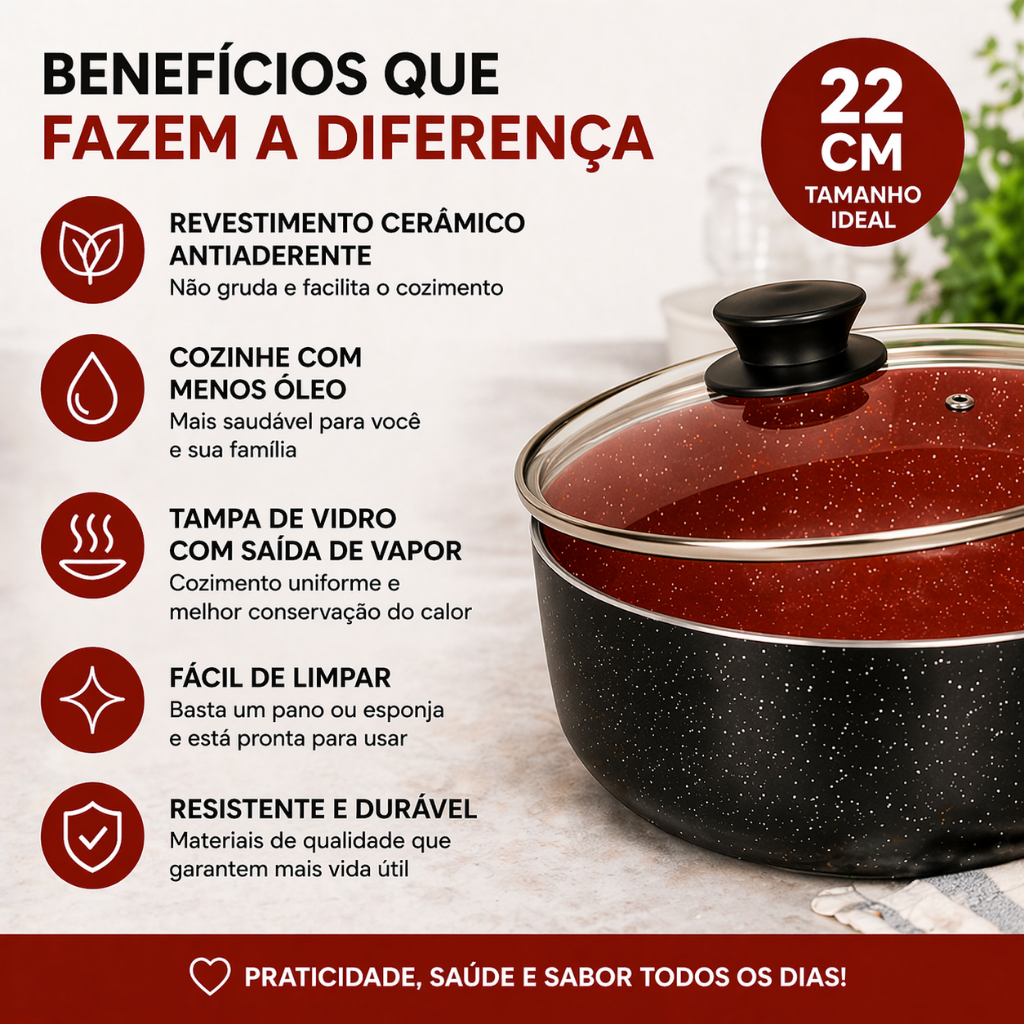 Panela Caçarola 20cm Antiaderente Cerâmica Tampa Vidro