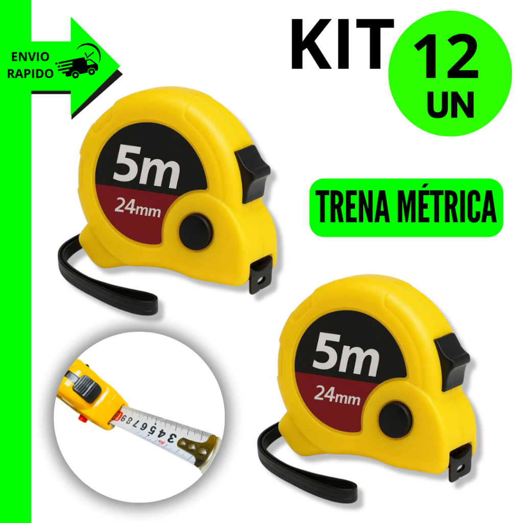 Kit 12/8/5/3 Unidades Trenas Profissionais 5m x 24mm Fita Aço com Trava Uso Profissional e Doméstico