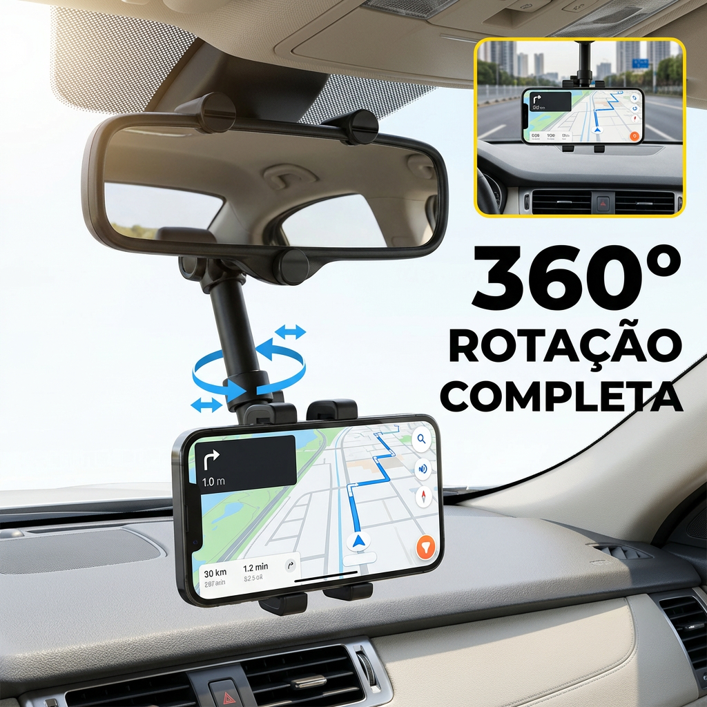 Suporte para Celular no Retrovisor - Universal, Extensível, Giro 360°, Fixação Segura