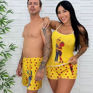 PIjama Casal Kit Camiseta Short + Samba Canção Estampado Novela de Frutas Abacatudo Moranguete