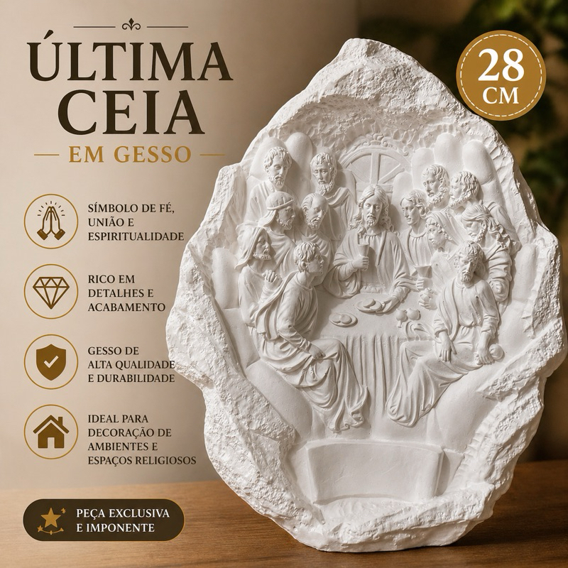 Escultura Última Ceia em Gesso 28cm | Quadro Religioso Alto Relevo Decorativo Parede Igreja Sala