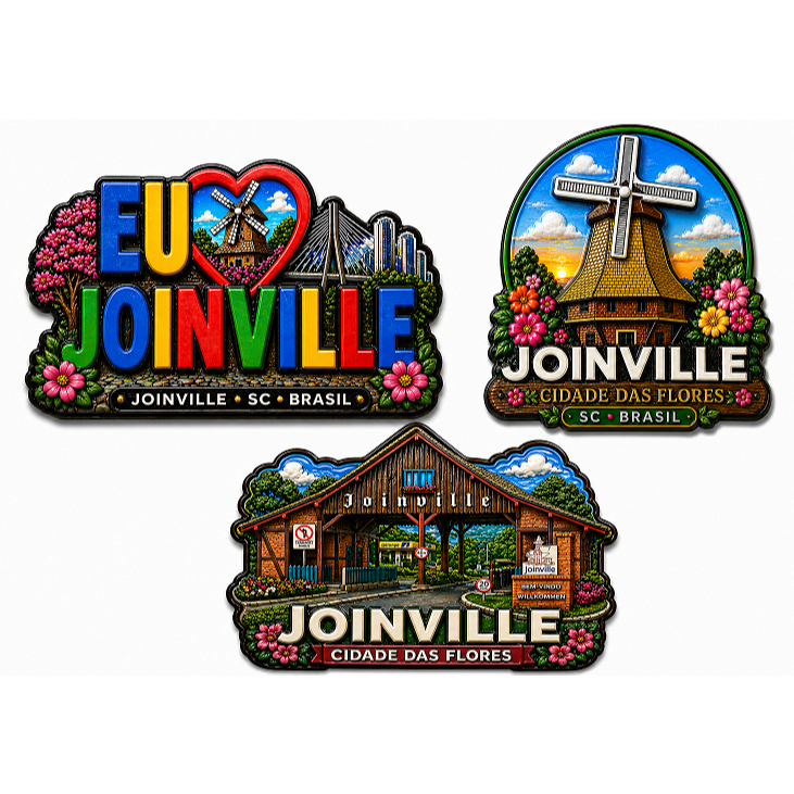 Ímã de Geladeira Joinville SC | Cidade das Flores | Moinho | Pórtico EU ❤️ Joinville | FABRICADOS EM MDF - ARTE IMPRESSA