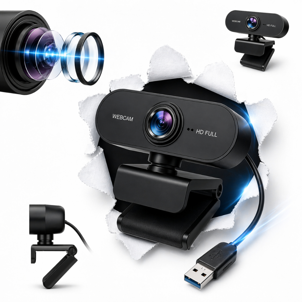 Webcam Full HD 1080p com microfone, USB plug and play, alta definição, ideal para lives, reuniões e home office
