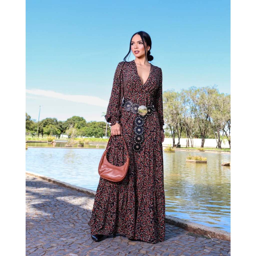 vestido longo joseli manga longa