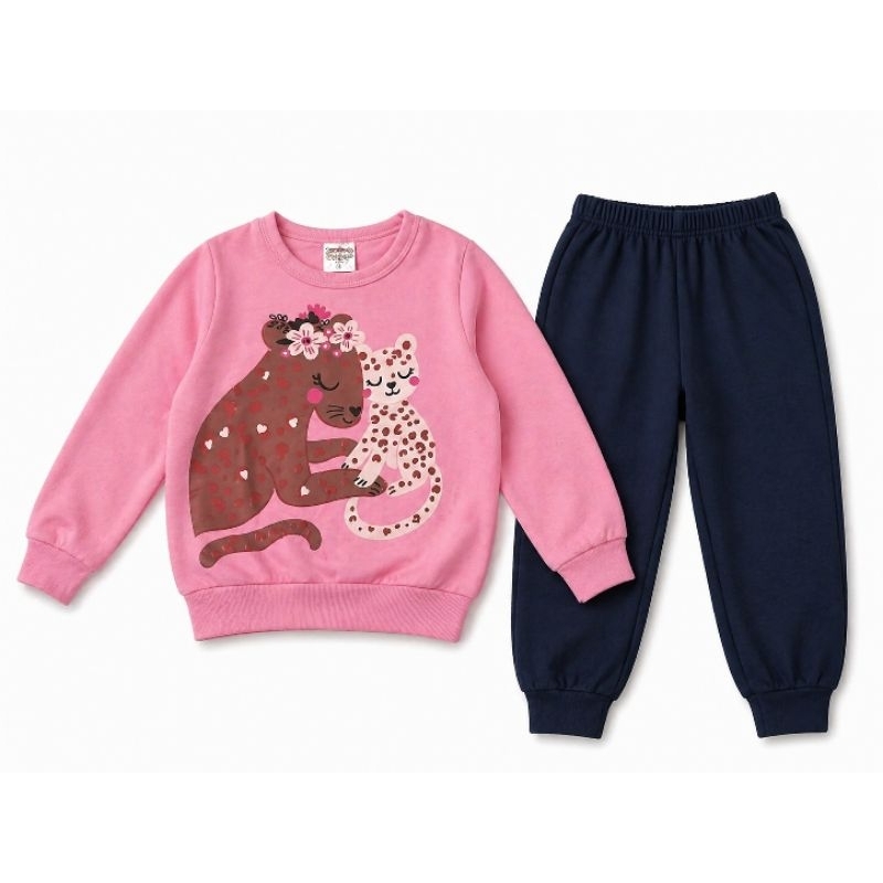 Conjunto Infantil Feminino Moletom + Calça Estampa Oncinha Mãe e Filhote | Roupa Confortável Menina Inverno