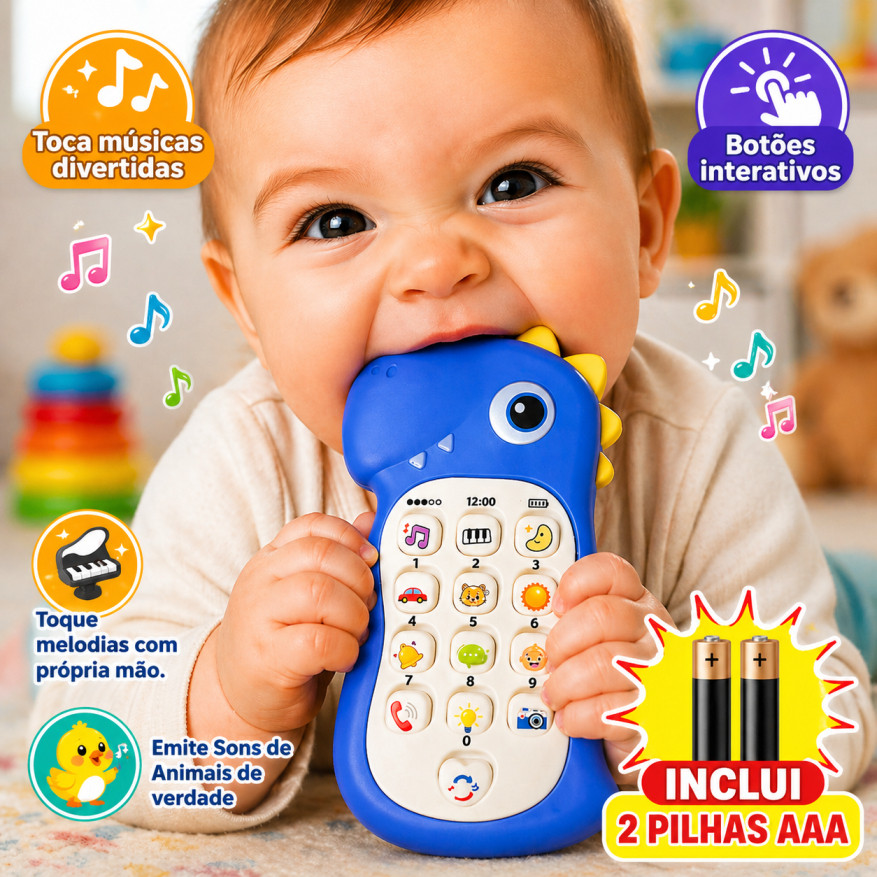 Celular Infantil Dinossauro Pilhas Musical Telefone Interativo Luz Som Mordedor Sensorial Educativo