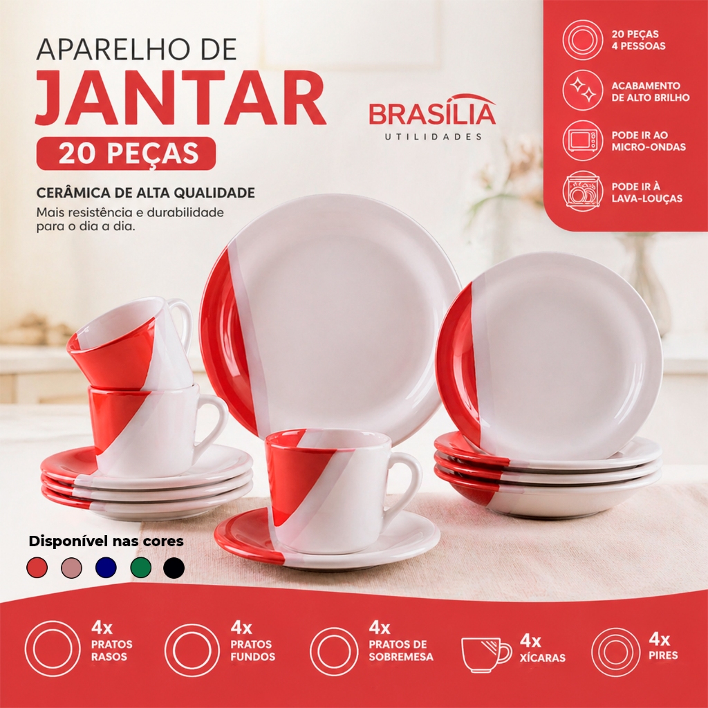 Aparelho de Jantar Kit Com 20 Peças Cerâmica Jogo Completo