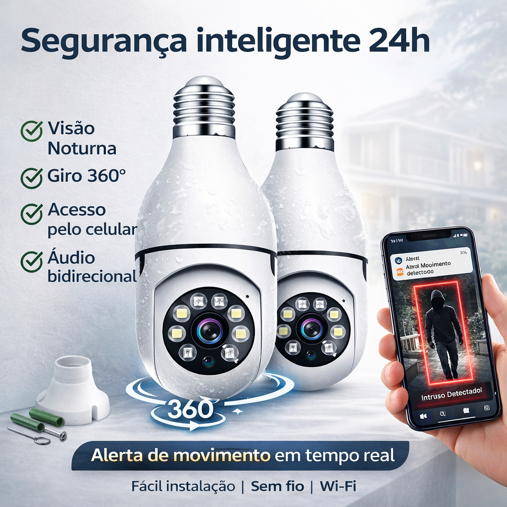 Câmera Lâmpada Wi-Fi 360° HD Segurança Visão Noturna Infravermelho com Áudio