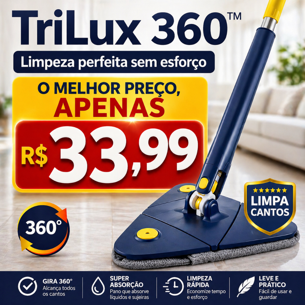 Mop Limpeza Giratório 360 Graus Triangular Alta Eficiência Fácil Uso Acabamento Durável