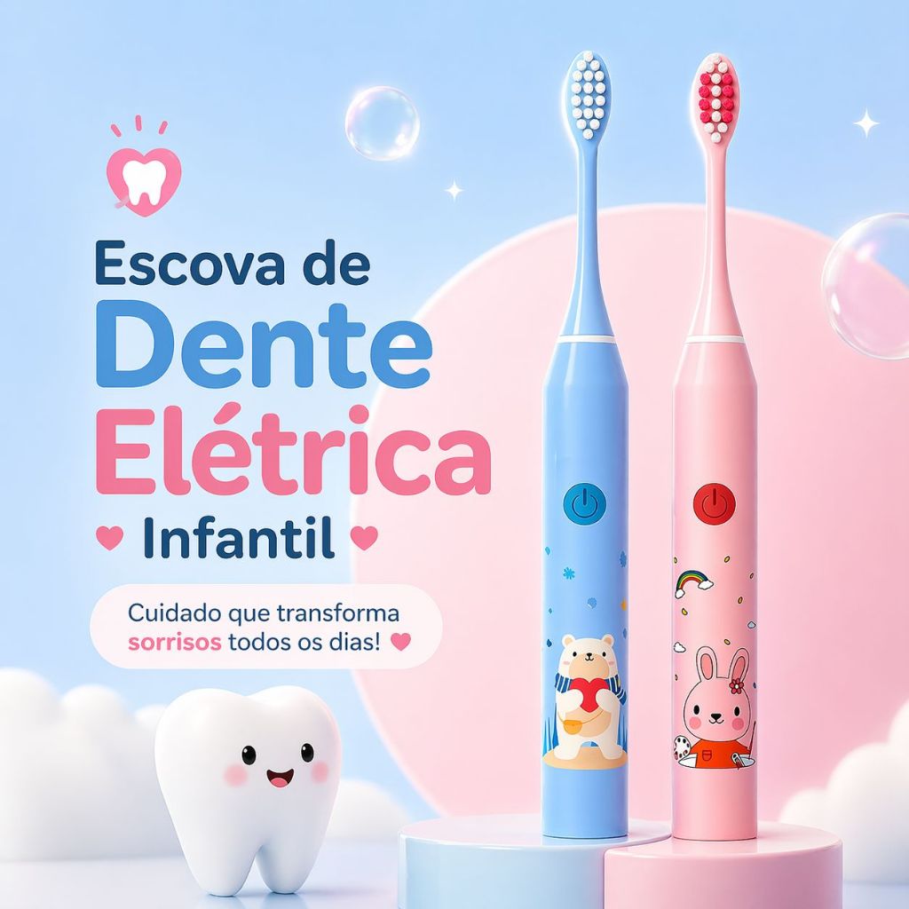 Escova Elétrica Infantil USB + 4 Cabeças Remove Placa Cerdas Macias Recarregável IPX7 Sônica Bucal