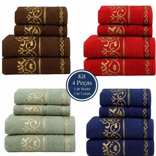 Jogo de 4 Toalhas Macias Para Corpo e Rosto Kit Banho 100% Algodão  75cm x 150 cm Alta Absorção