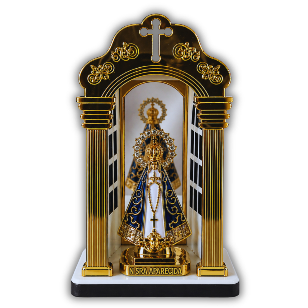 Capela Nossa Senhora Aparecida com Espelho Decorativo 16x10cm – Mini Oratório Religioso Dourado Luxo