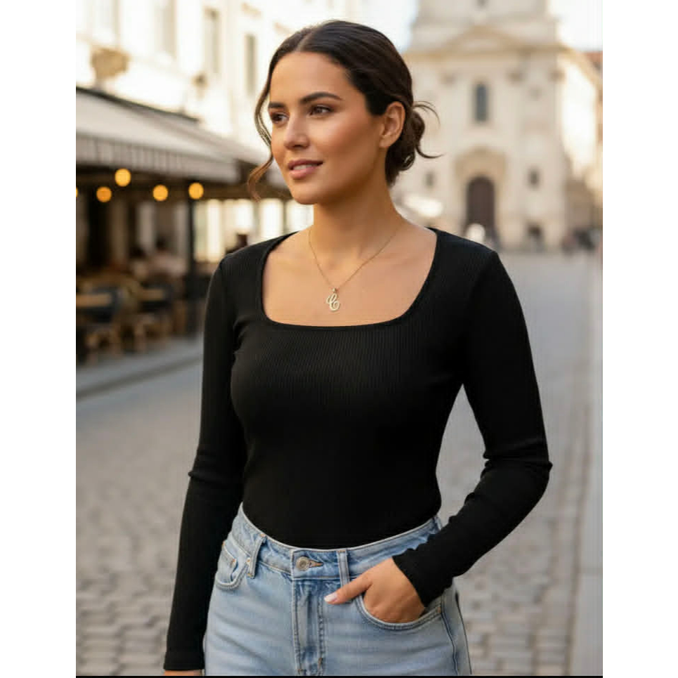 Blusa feminina canelada manga longa básica decote quadrado tendência inverno