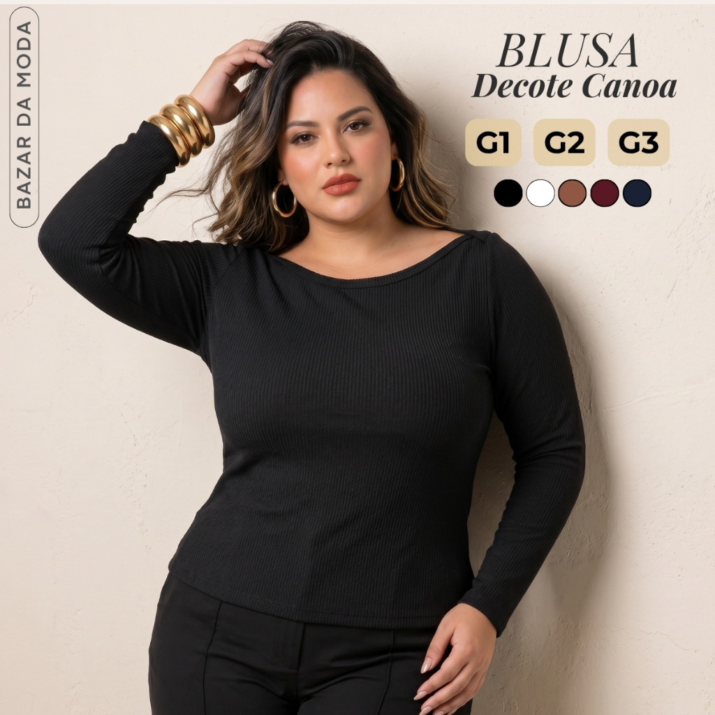Blusa Feminina Plus Size Gola Canoa Ombro a Ombro Manga Longa Comprida G1 ao G3
