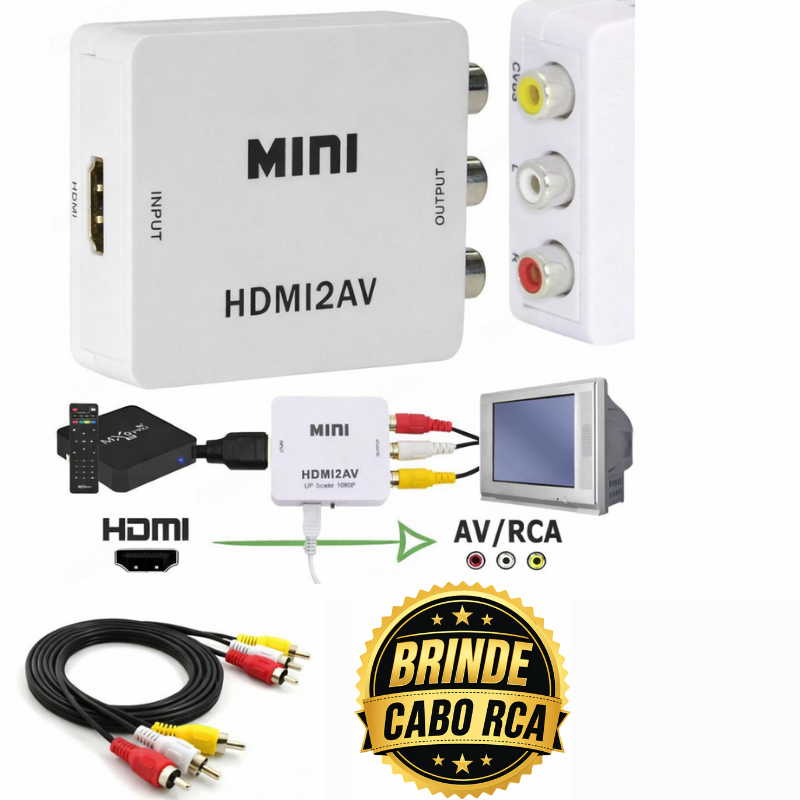 kit Adaptador mini Conversor 1080p Hdmi P/ Vídeo Composto Av Rca + Cabo RCA