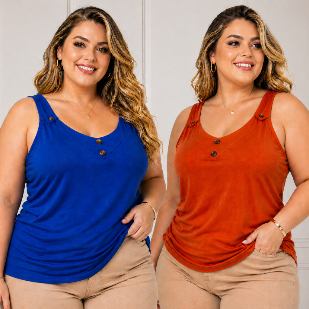 Kit 2 Regatas Plus Size de GG ao G2 com Alça Grossa Decote V em Malla Viscolycra Elastano