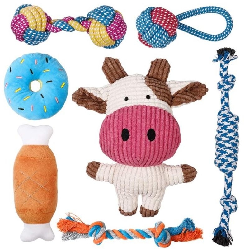 Kit Premium Brinquedos Cordas e Pelúcias para Cães 7 Unidades Alta Qualidade com Apito