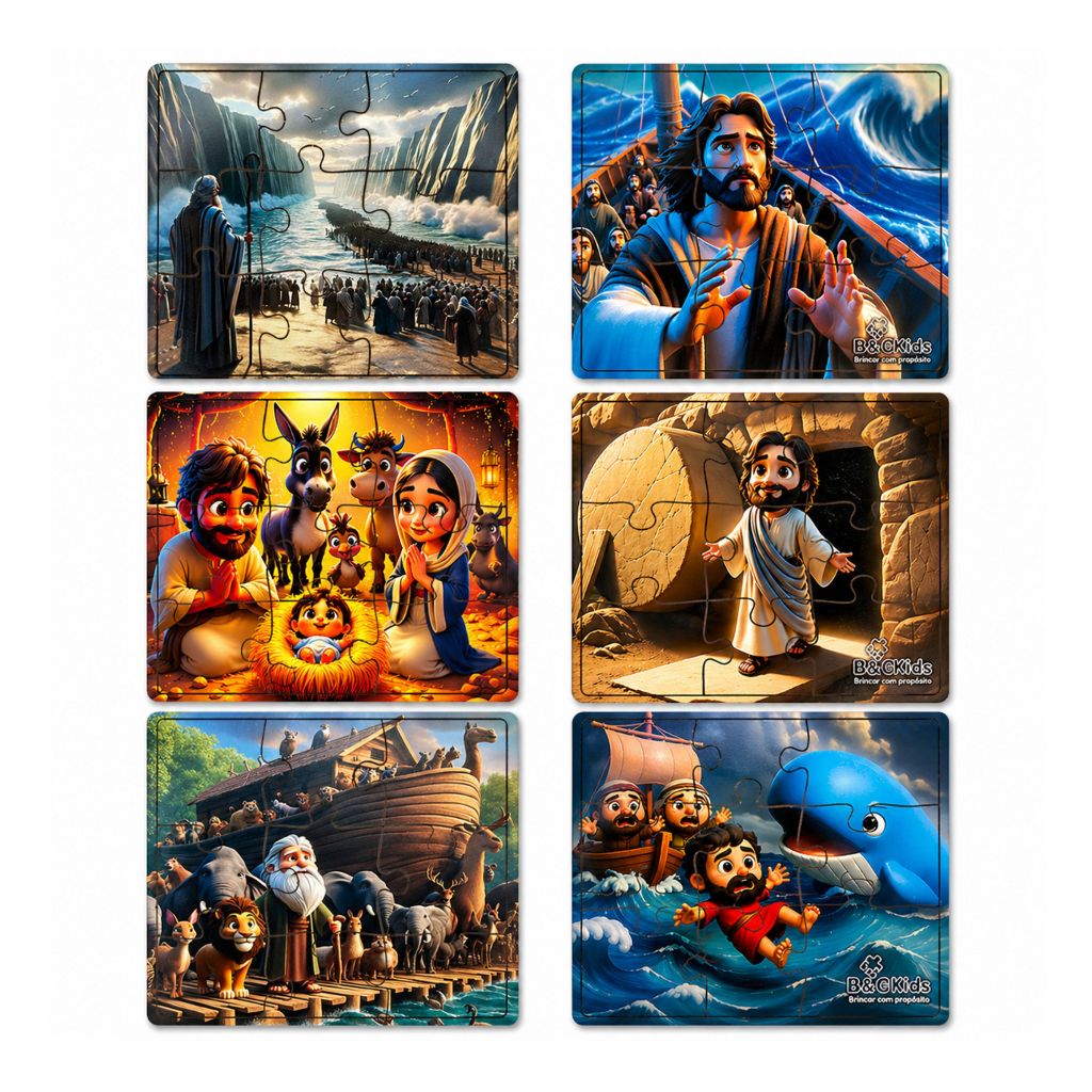 Kit Quebra Cabeça Infantil MDF 9 Peças Grandes Histórias Bíblicas Bíblico Pedagógico Educativo