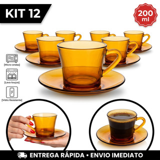 Jogo De Xícaras com pires Ambar 12 peças com 6 Xicara 200ml e 06 pires de Chá e Café Original