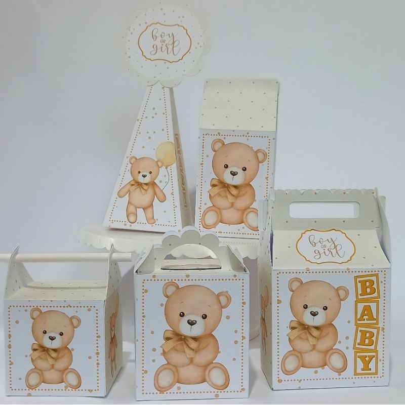Caixinhas Personalizadas CHÁ REVELAÇÃO BEGE Ursinho Neutro  lembrancinha de festa - infantil - aniversário-PEGUE E MONTE