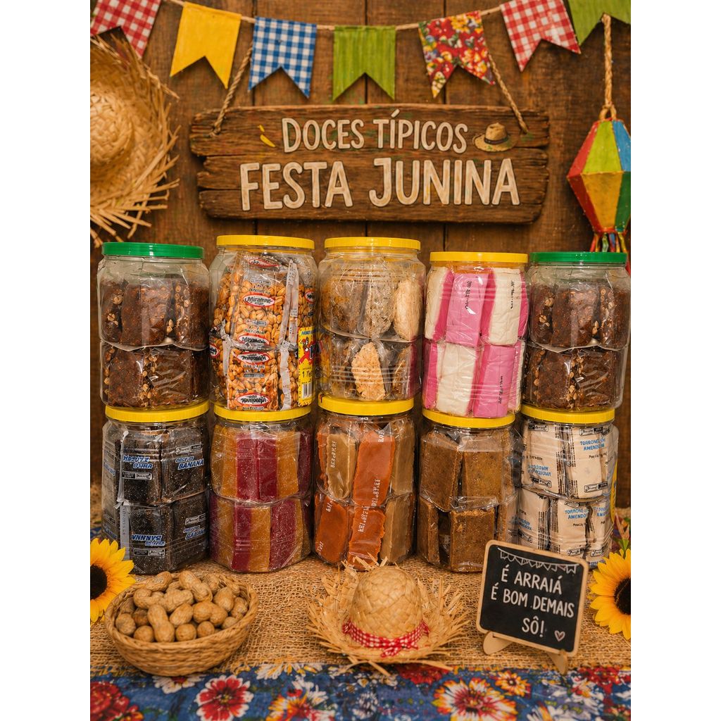 Doces Festa Junina 1 Pote 20 unidades Pé de Moleque Pé de Moça Paçoca Cocada Geleia de Fruta