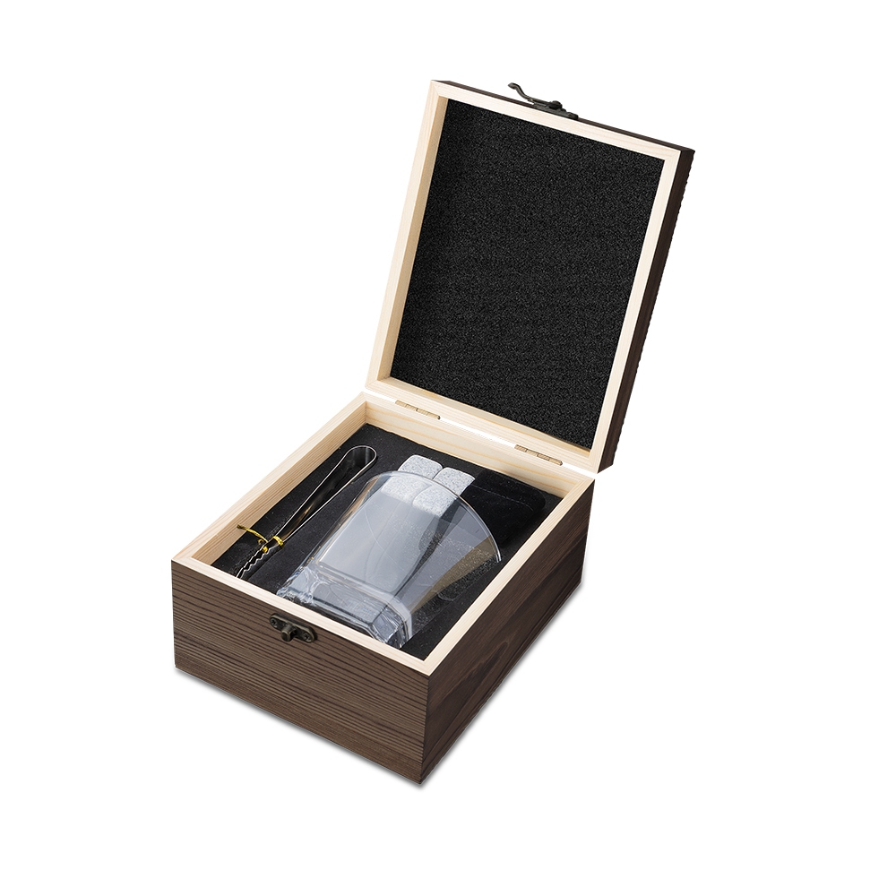 Kit para Whisky com Copo de Cristal Pegador de Gelo 4 Cubos de Pedra-sabão Caixa de Madeira e sacola de veludo