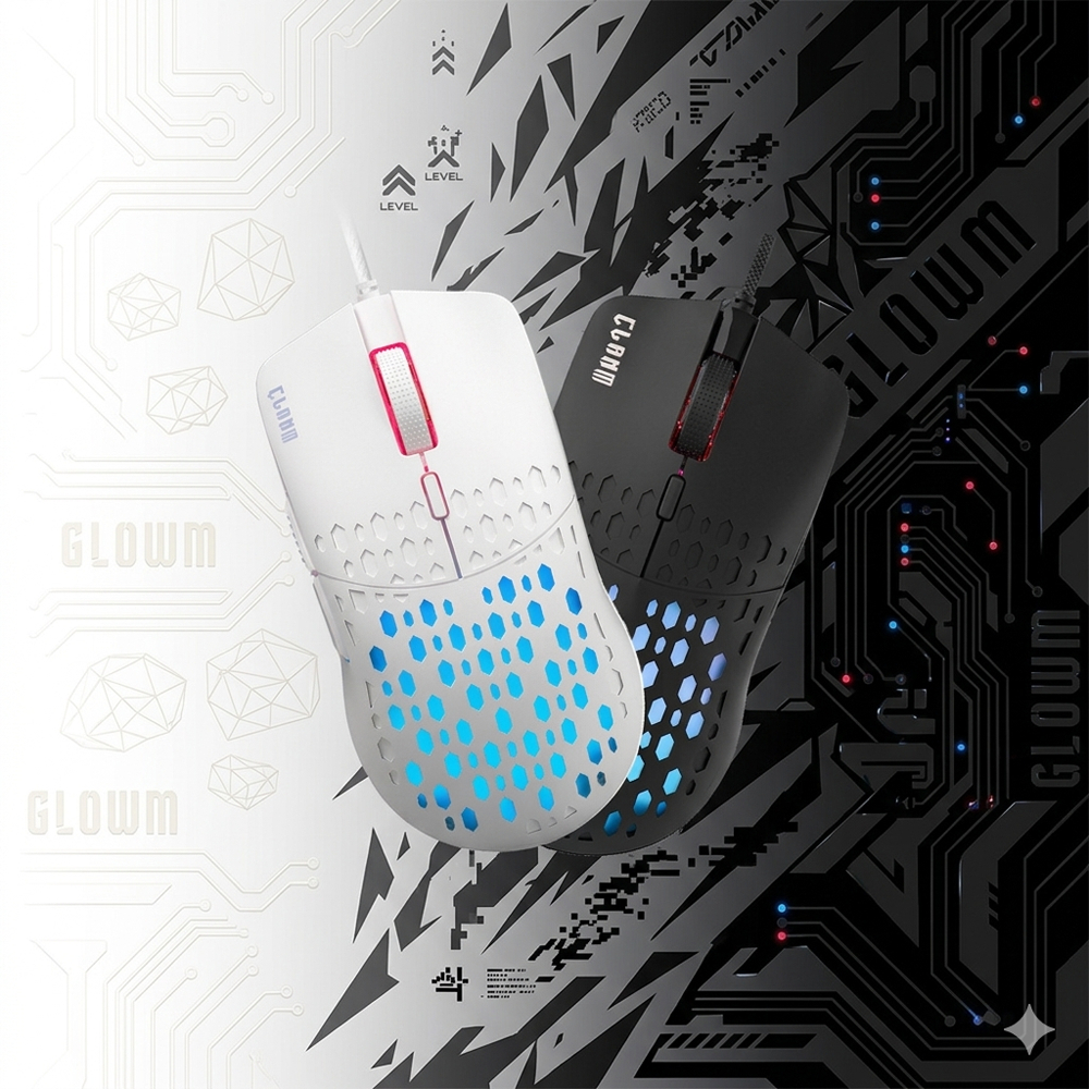Mouse Gamer RGB Clanm Slits V2 7200 DPI USB Preto Branco Leve 85g Com Software Alta Precisão