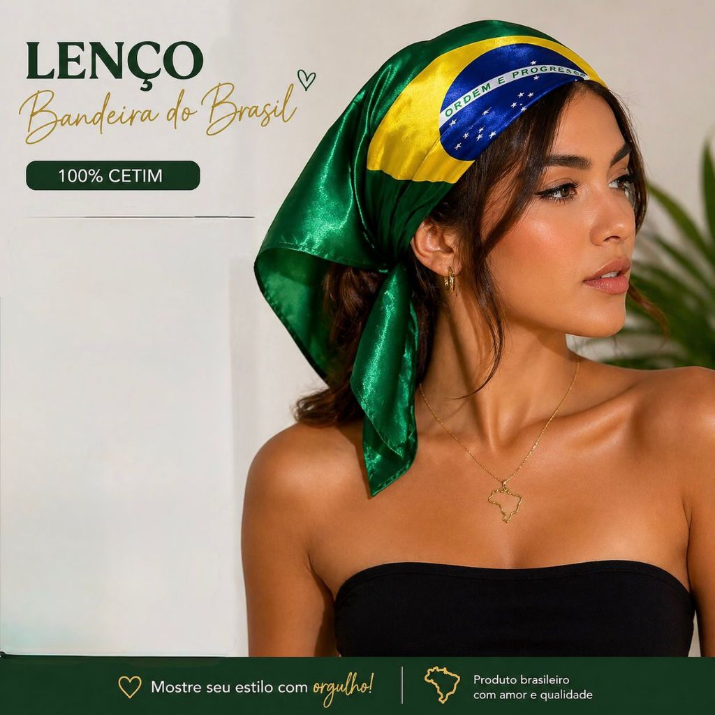 Lenço Bandeira do Brasil Cetim 90x70cm Multiuso Feminino Bandana Cachecol Cinto Top Acessório Copa
