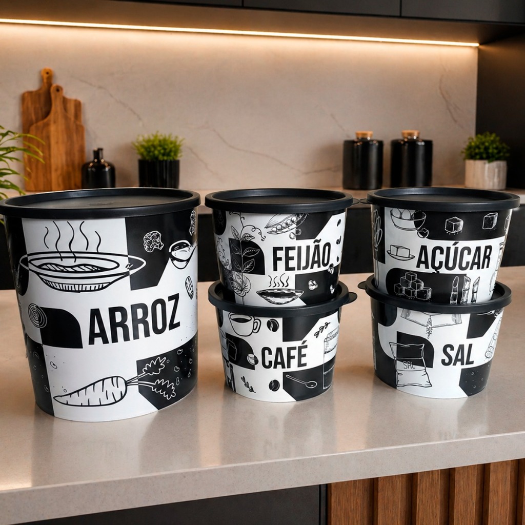 Jogo Porta Mantimento Conjunto 5 Peças Com Tampa (Pote Arroz 4,5kg) + (4 Potes p/ 1kg)