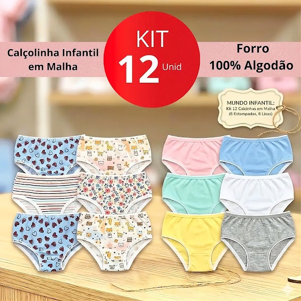 Kit 12 Calcinha Infantil Calçolinha em Malha Forro 100% Algodão Menina Com Estampas e Cores Lisas