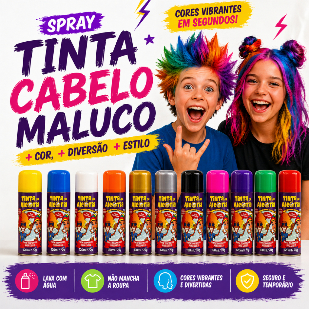 Tinta Temporária para Cabelo Spray 120ml Colorido – Divertido para Festas Eventos Cabelo Maluco
