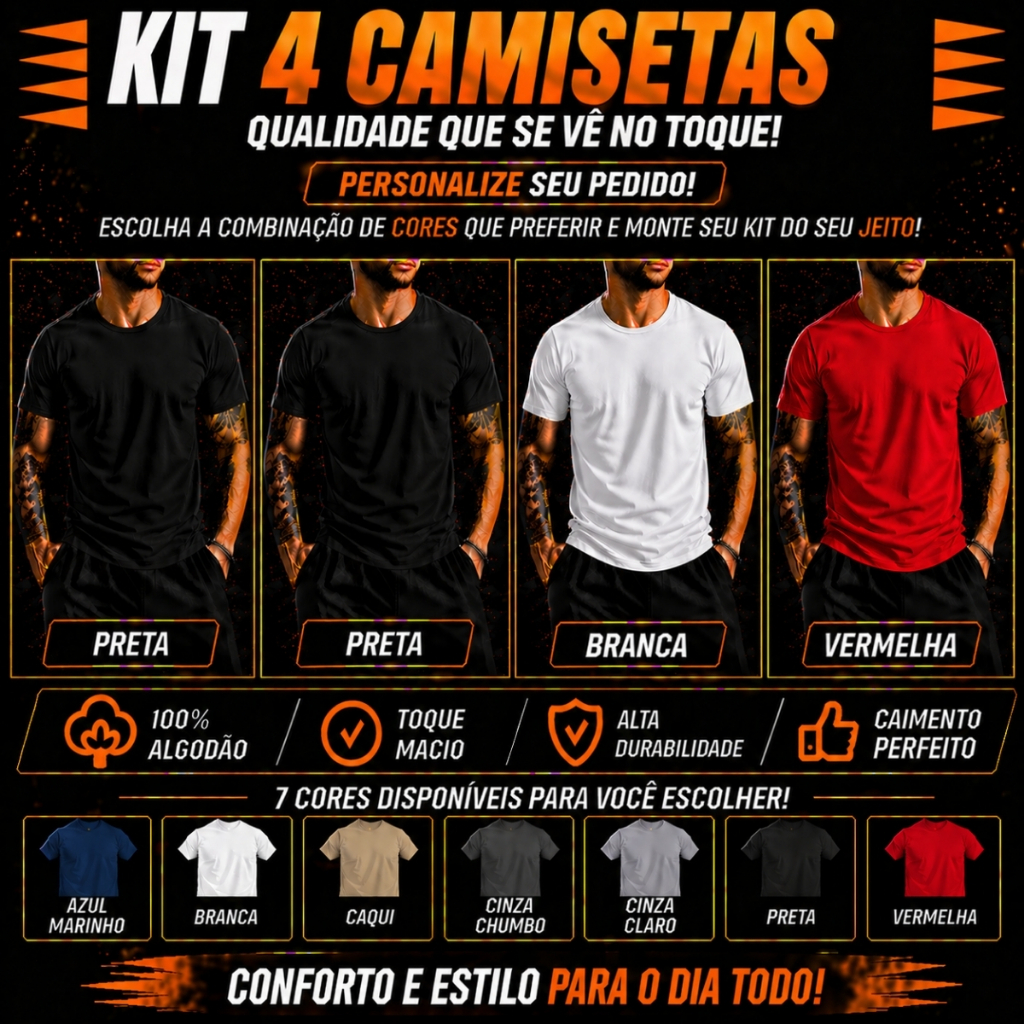 Kit 4 Camisetas Masculina Básica Algodão Alta Qualidade Premium 100% Diversas Cores