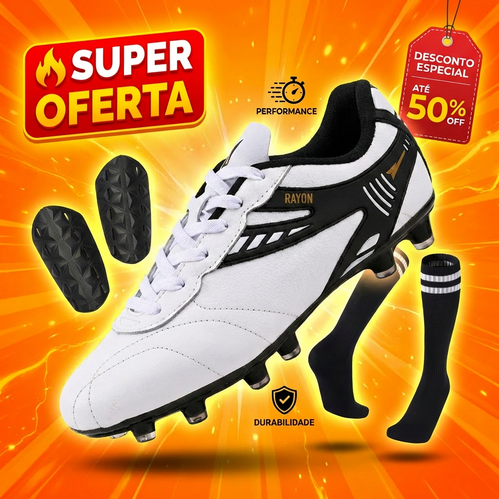 Chuteira Couro 100% Legitimo Campo Trava  Resistente Costurada Original R416-03 + Caneleira + Meião