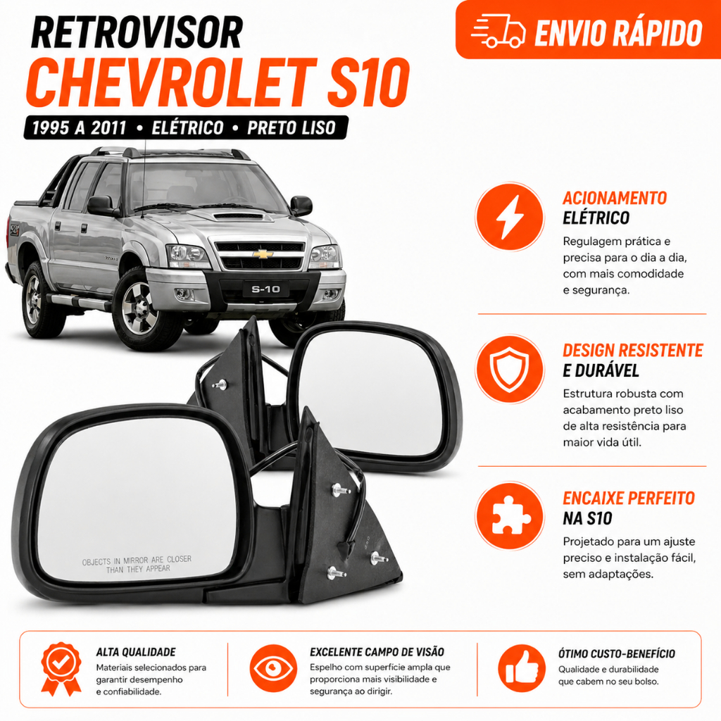 Retrovisor Chevrolet S10 1995 A 2011 Eletrico Preto Liso