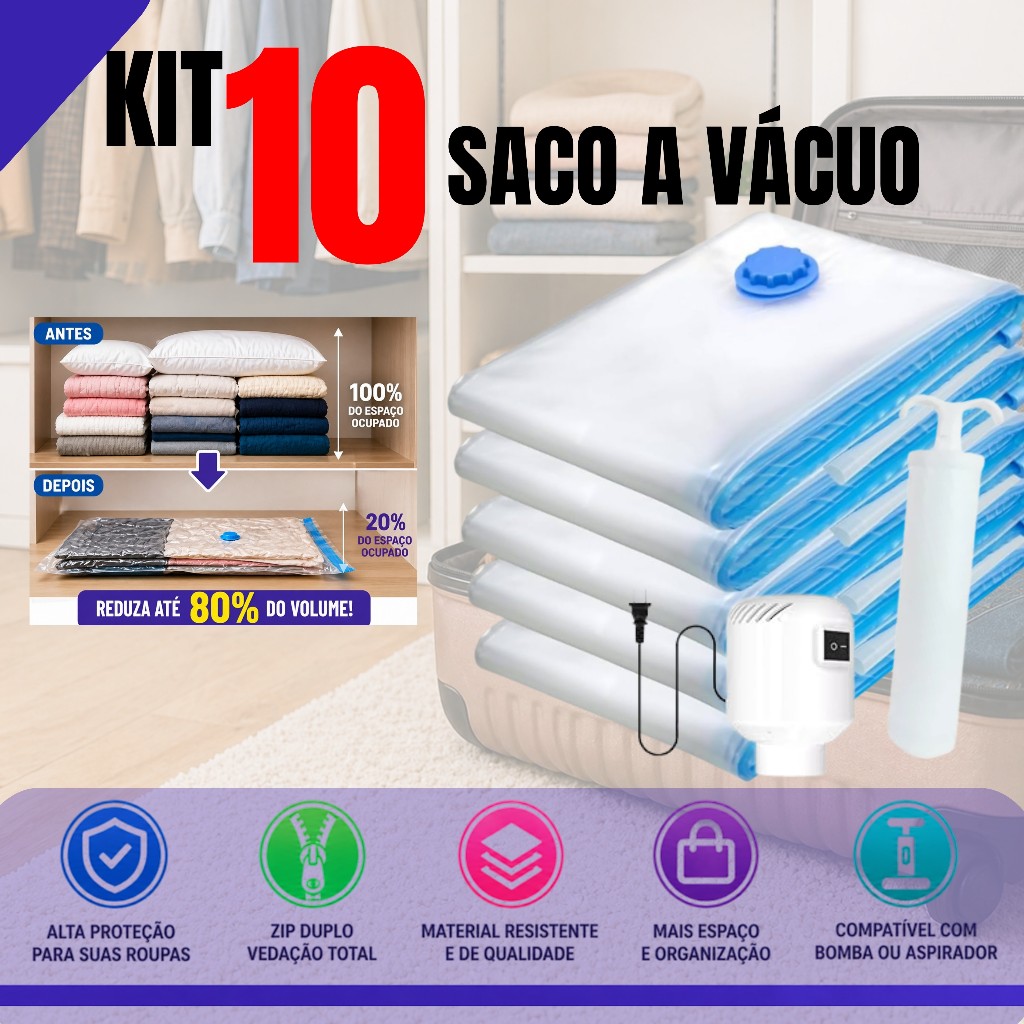Kit com 3 5 ou 10 Saco a Vácuo 50x60 Promocional Roupa Edredom Organizador Mala Viagem Compactador Premium