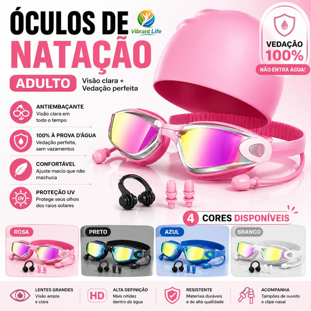 Óculos de Natação Adulto Antiembaçante Impermeável Lente Grande Confortável com Tampões de Ouvido