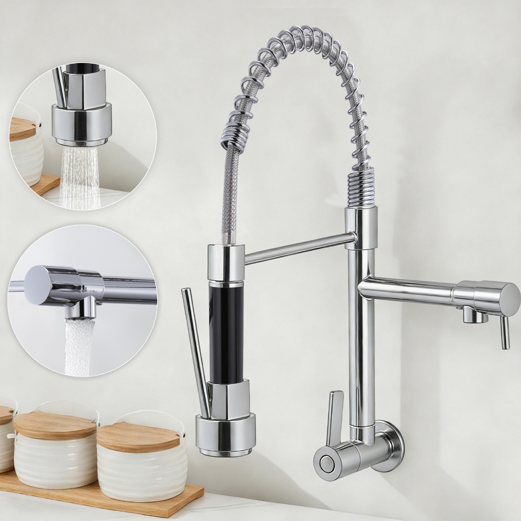 Torneira de Cozinha Prata Luxuosa com Mola Retrátil, modelos para bancada e parede