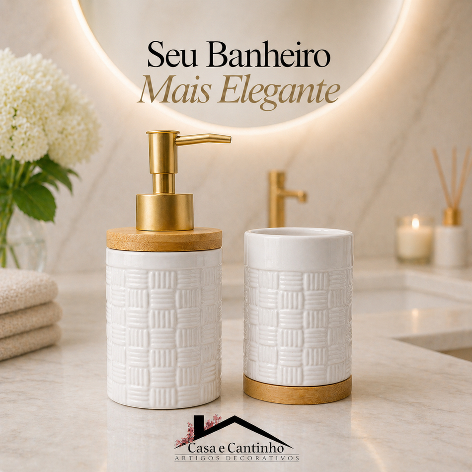 Detalhes do Kit Banheiro Lavabo Dispenser Porta Sabonete Liquido Escova Dente Cerâmica/Porcelana Decoração